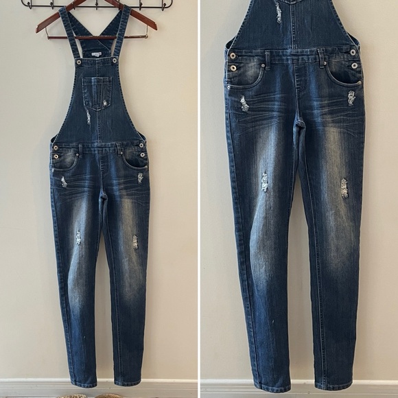 BONGO Skinny Distressed Overalls, Blue Denim, M - Picture 2 of 6